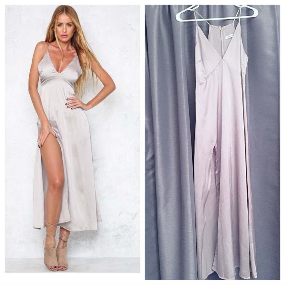 Silky Sheen Silver V-Neckline Maxi Dress